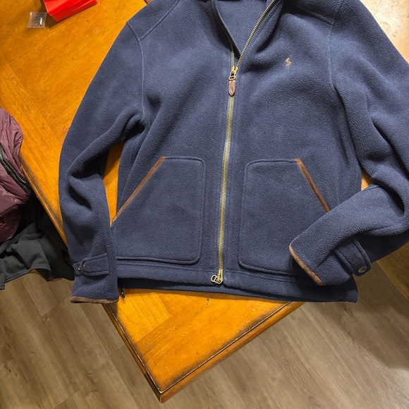Polo by Ralph Lauren Fleece Navy Jacket with Brown Trim - Picture 7 of 11